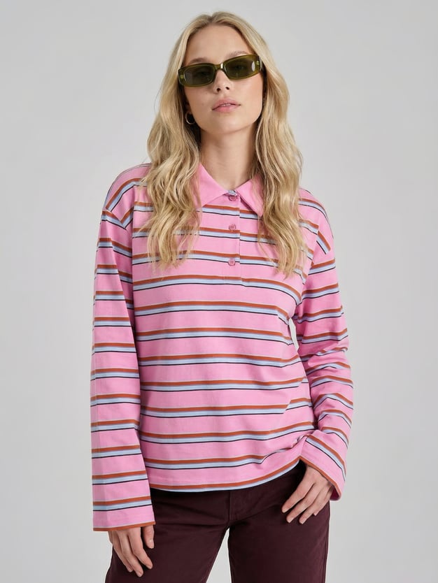 Поло оверсайз в полоску с длинным рукавом