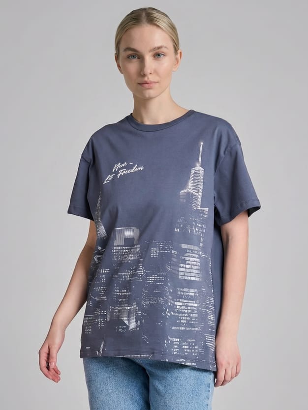 Футболка оверсайз с принтом и стразами