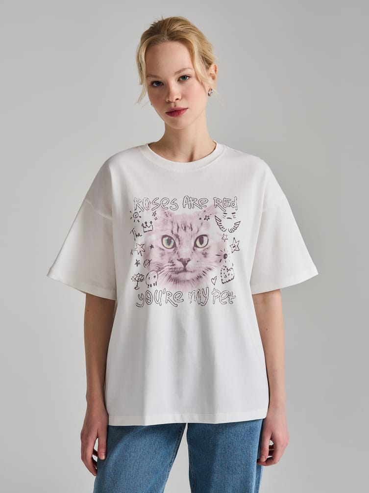 Футболка из хлопка с принтом кошки