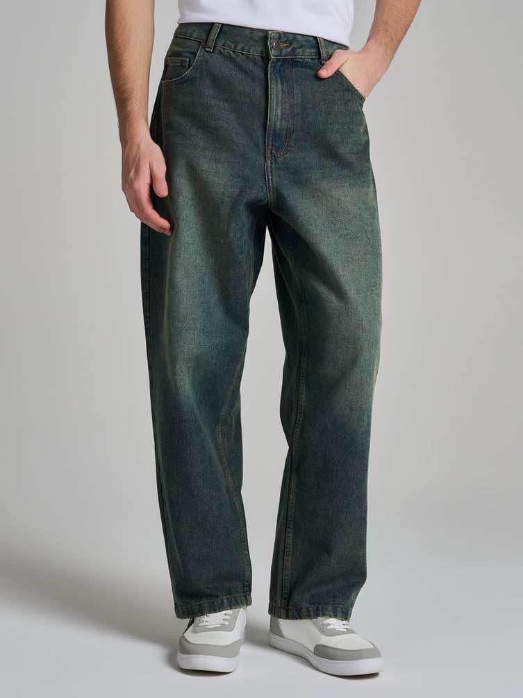 Джинсы багги широкие с вареный эффектом