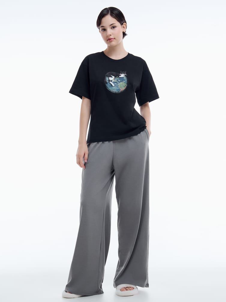 Хлопковая пижама с принтом котика и брюками