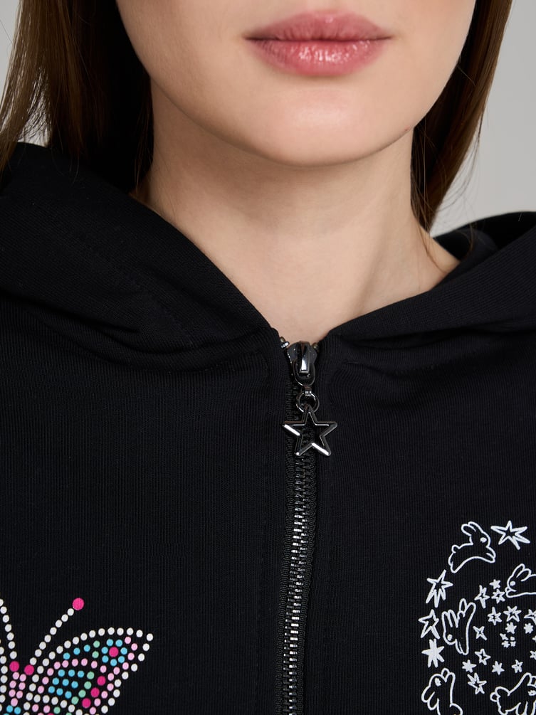 Зип худи с ушками на капюшоне и принтом