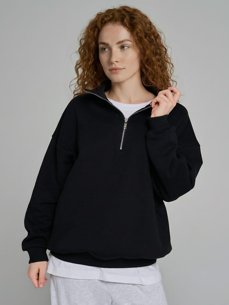 Теплая толстовка оверсайз с полузамком и начесом