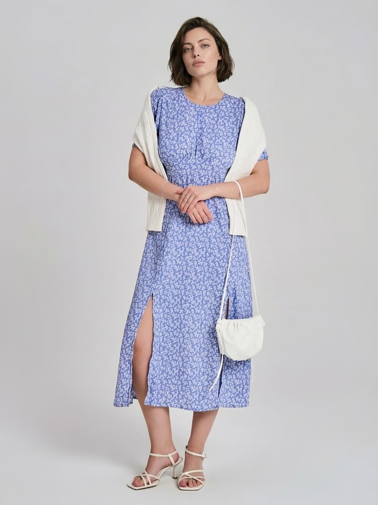 Миди платье крестьянка с разрезом по бедру