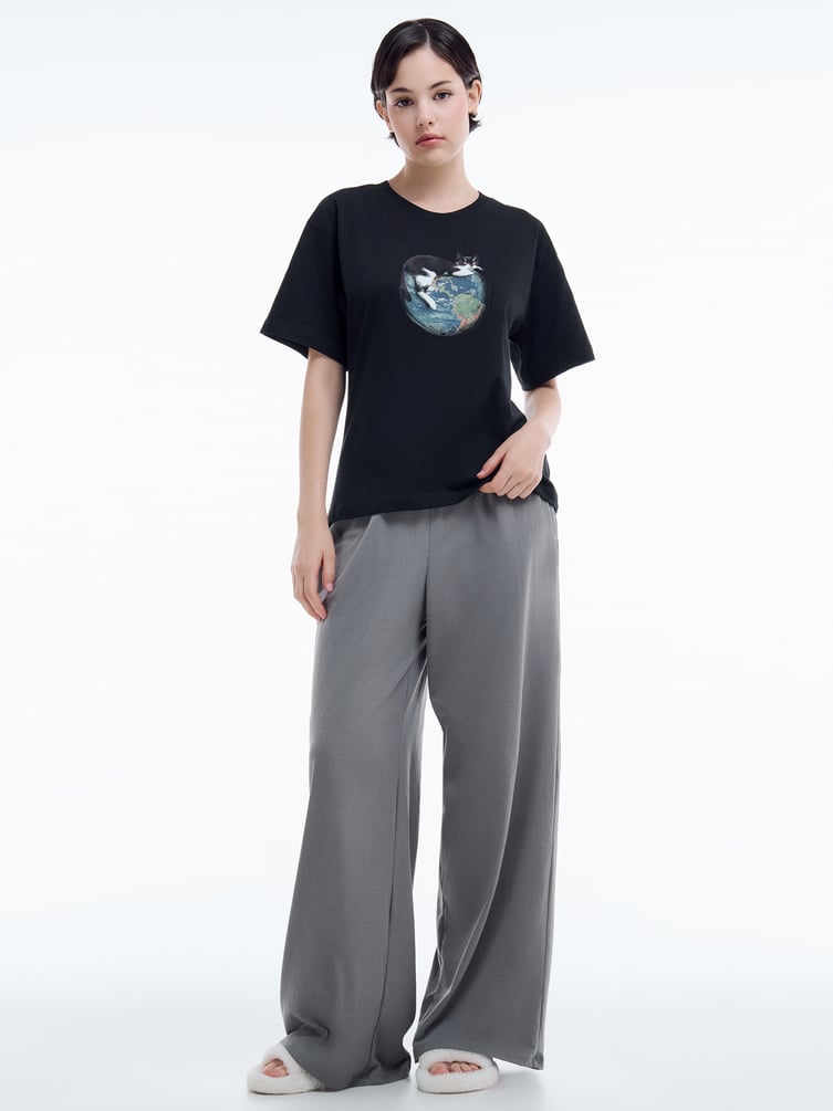 Хлопковая пижама с принтом котика и брюками