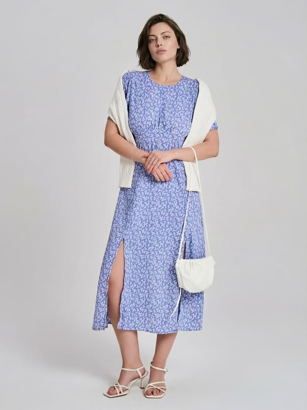 Миди платье крестьянка с разрезом по бедру