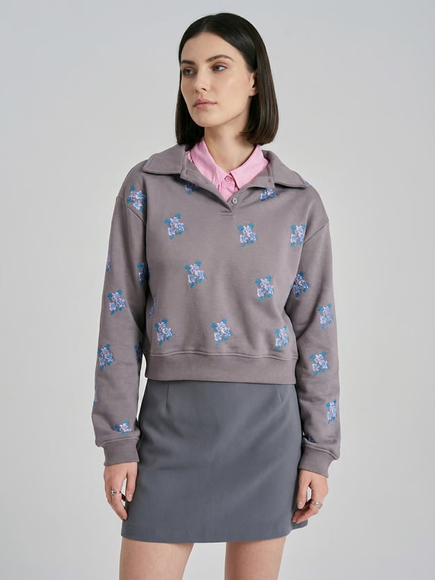 Свитшот-поло укороченный с принтом цветов