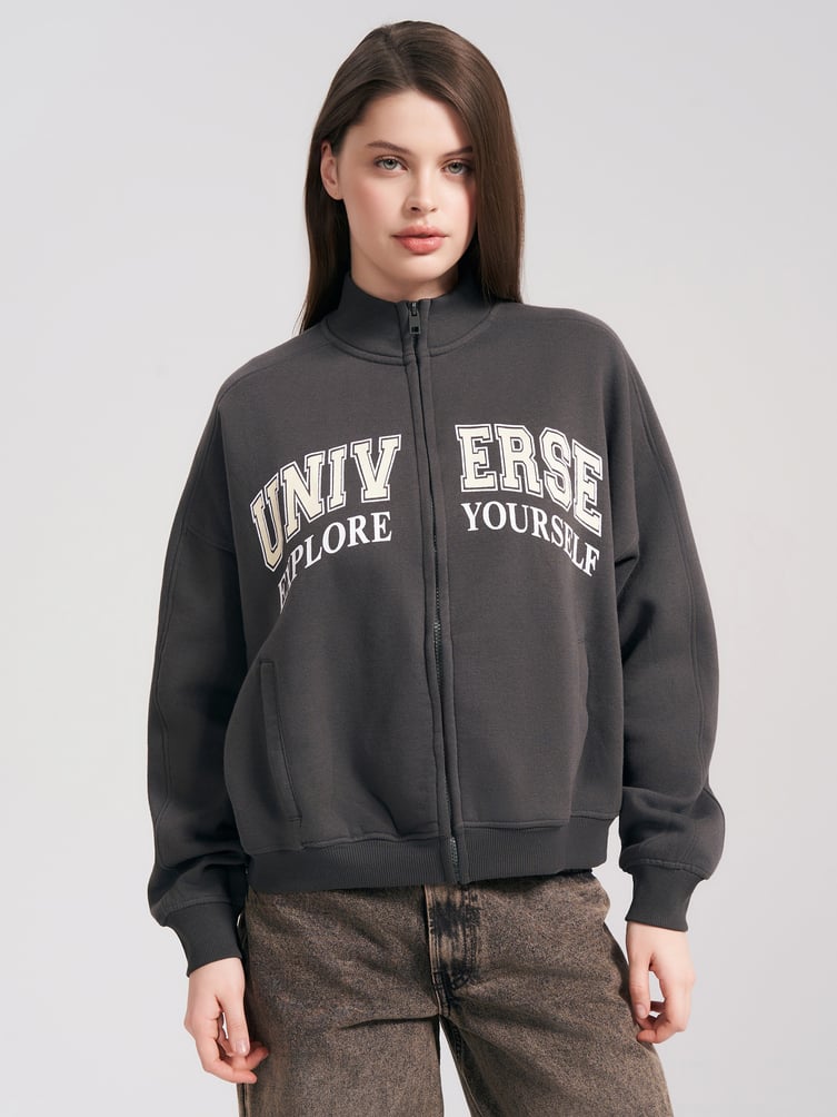 Утепленная толстовка оверсайз с надписью и начесом