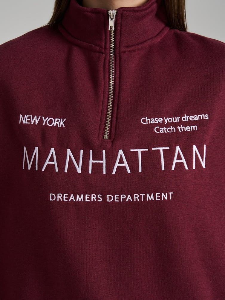 Толстовка теплая с полузамком с вышитой надписью