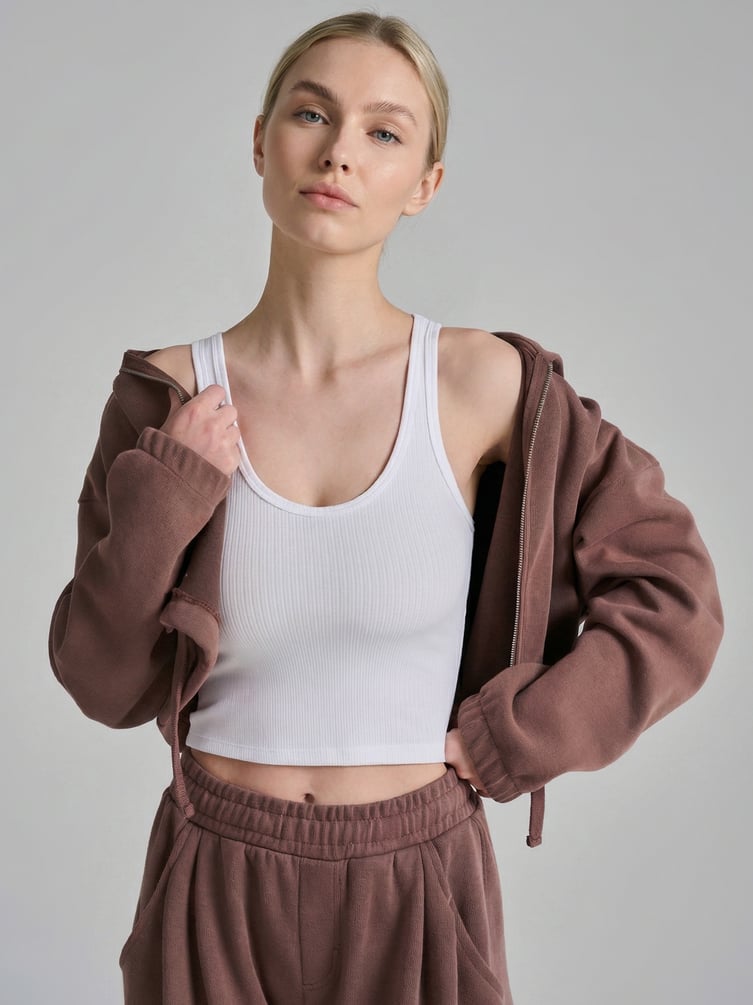 Короткая майка в рубчик на широких бретелях