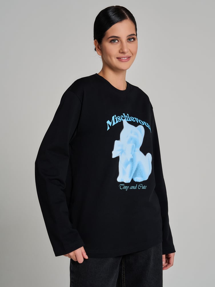 Лонгслив оверсайз с принтом кошки