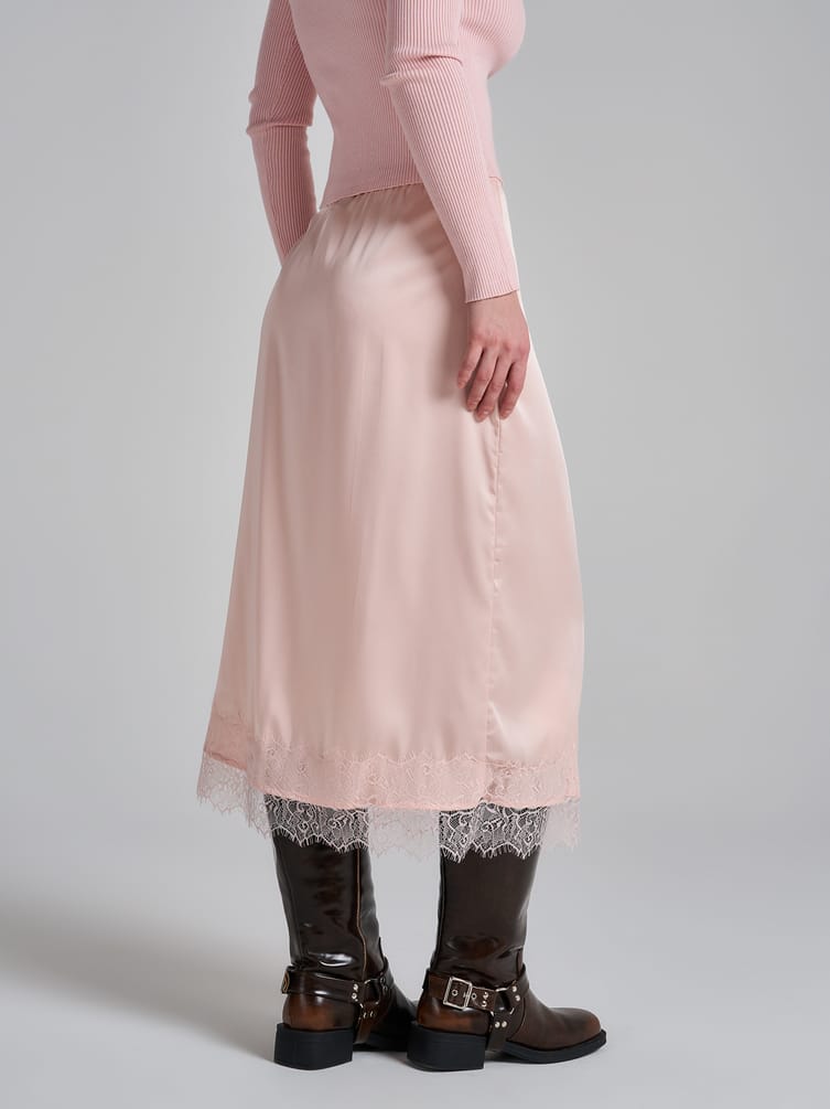Юбка миди атласная с кружевом в бельевом стиле
