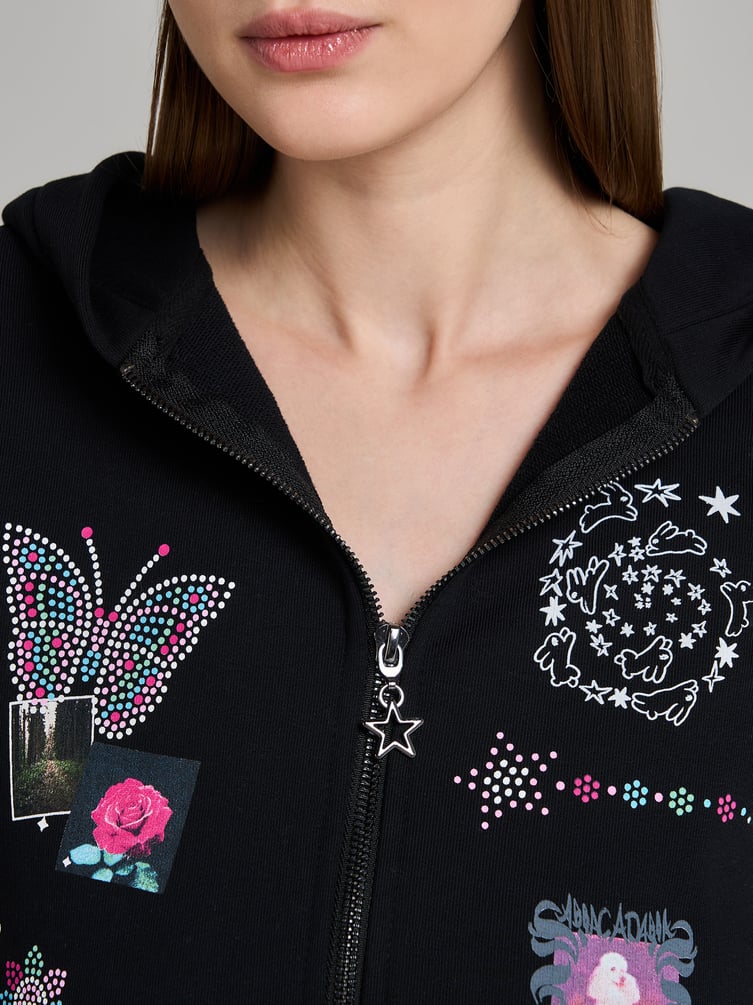 Зип худи с ушками на капюшоне и принтом