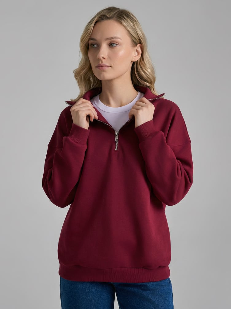 Теплая толстовка оверсайз с полузамком и начесом