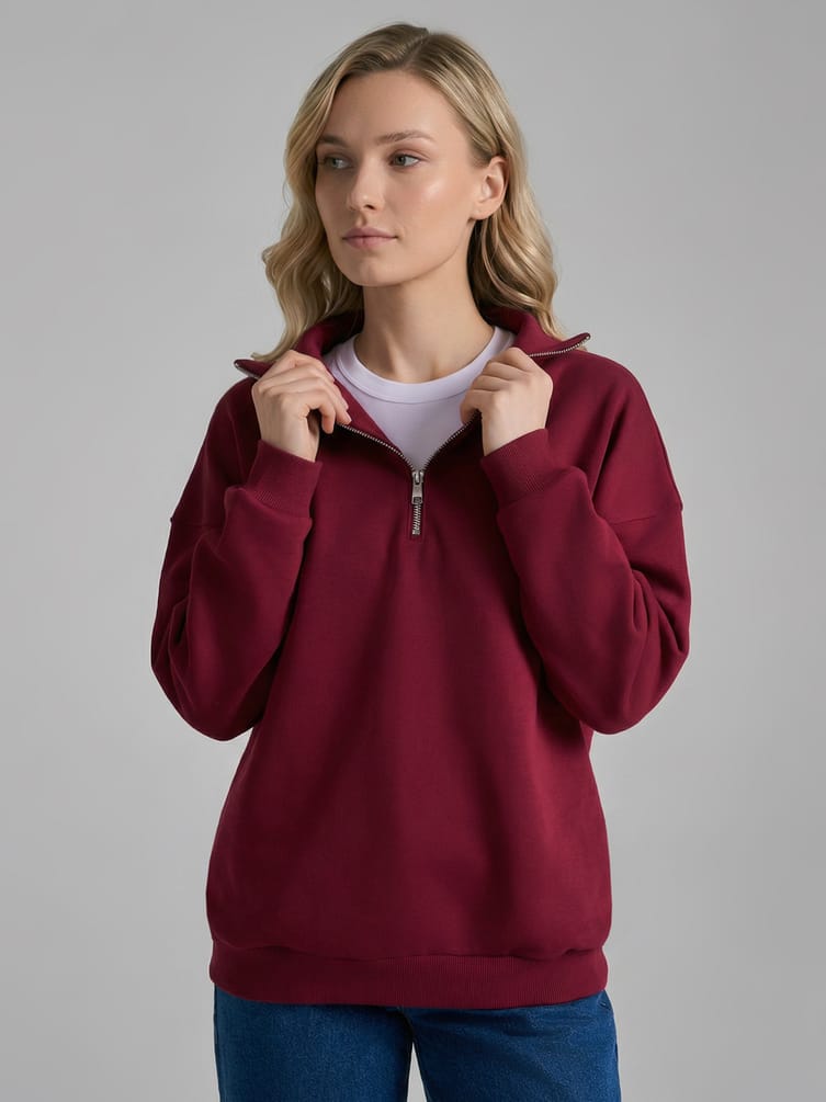 Теплая толстовка оверсайз с полузамком и начесом