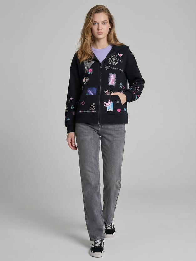 Зип худи с ушками на капюшоне и принтом