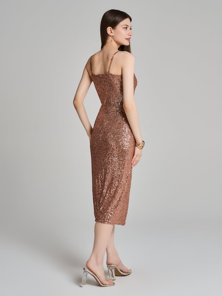 Платье вечернее с пайетками миди на бретелях с разрезом
