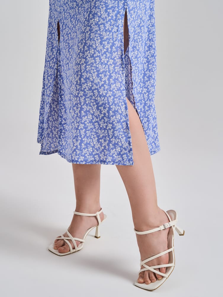 Миди платье крестьянка с разрезом по бедру