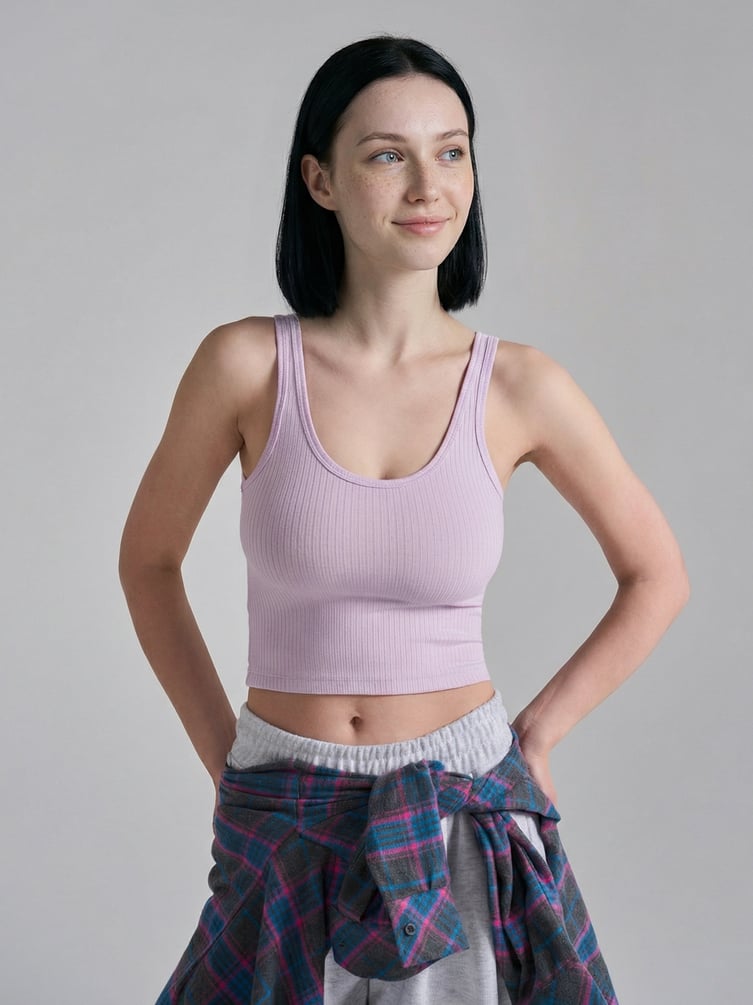 Короткая майка в рубчик на широких бретелях