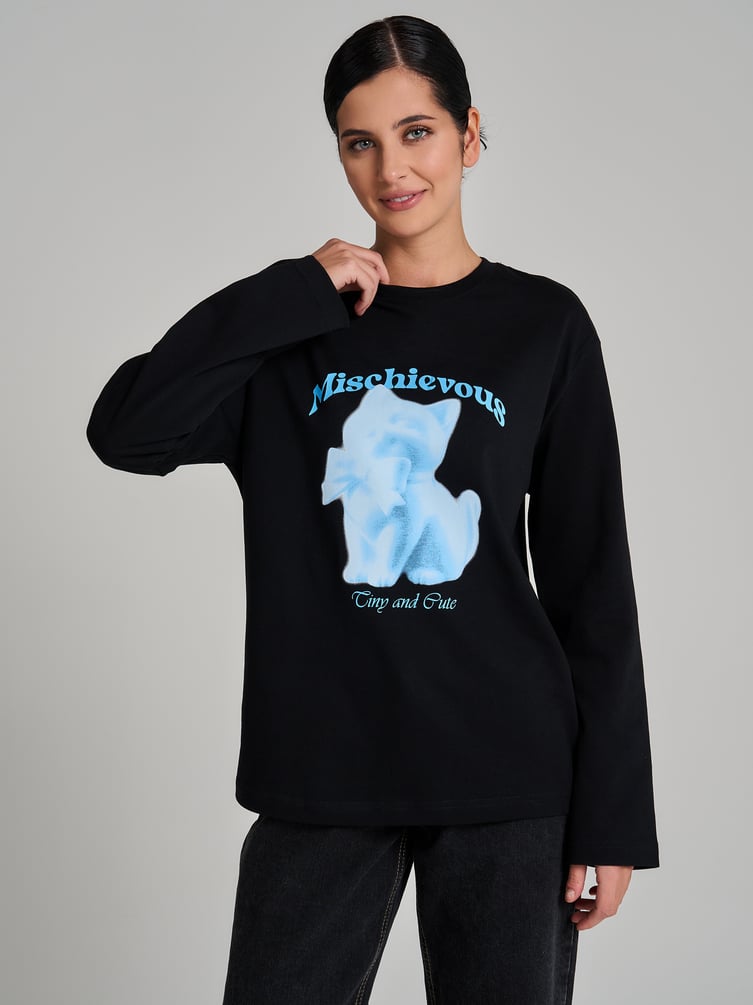 Лонгслив оверсайз с принтом кошки