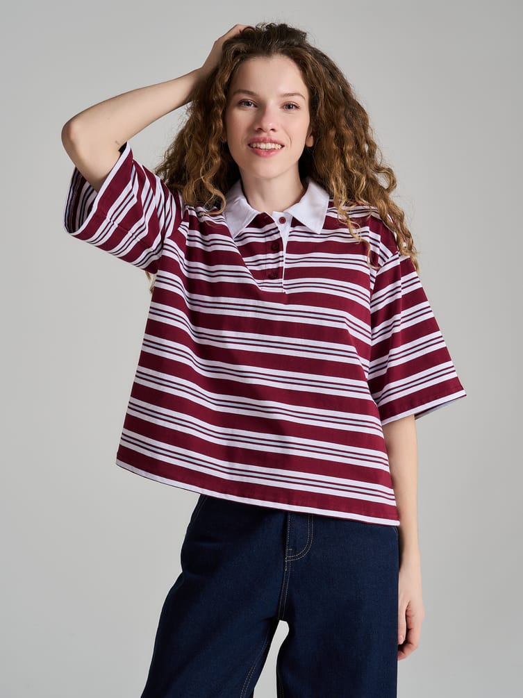 Полосатое поло оверсайз с коротким рукавом
