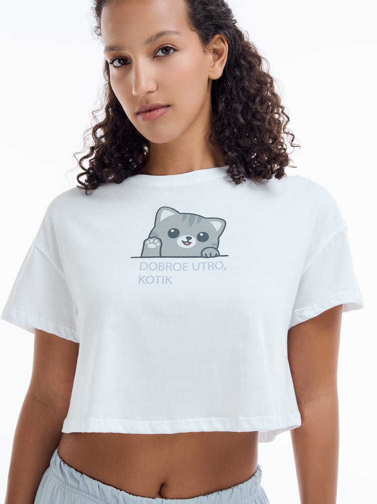 Хлопковая пижама с принтом котика