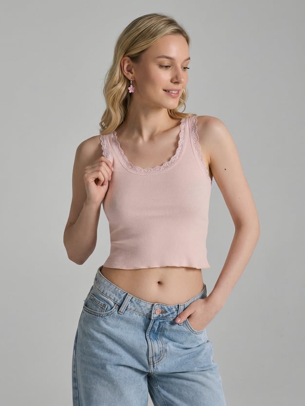 Майка в рубчик с кружевом