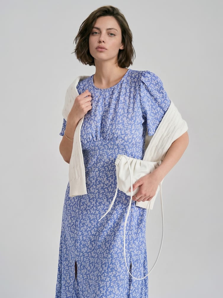 Миди платье крестьянка с разрезом по бедру