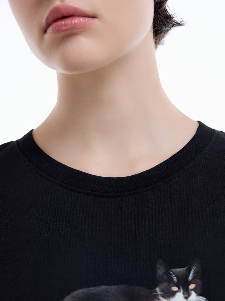 Хлопковая пижама с принтом котика и брюками