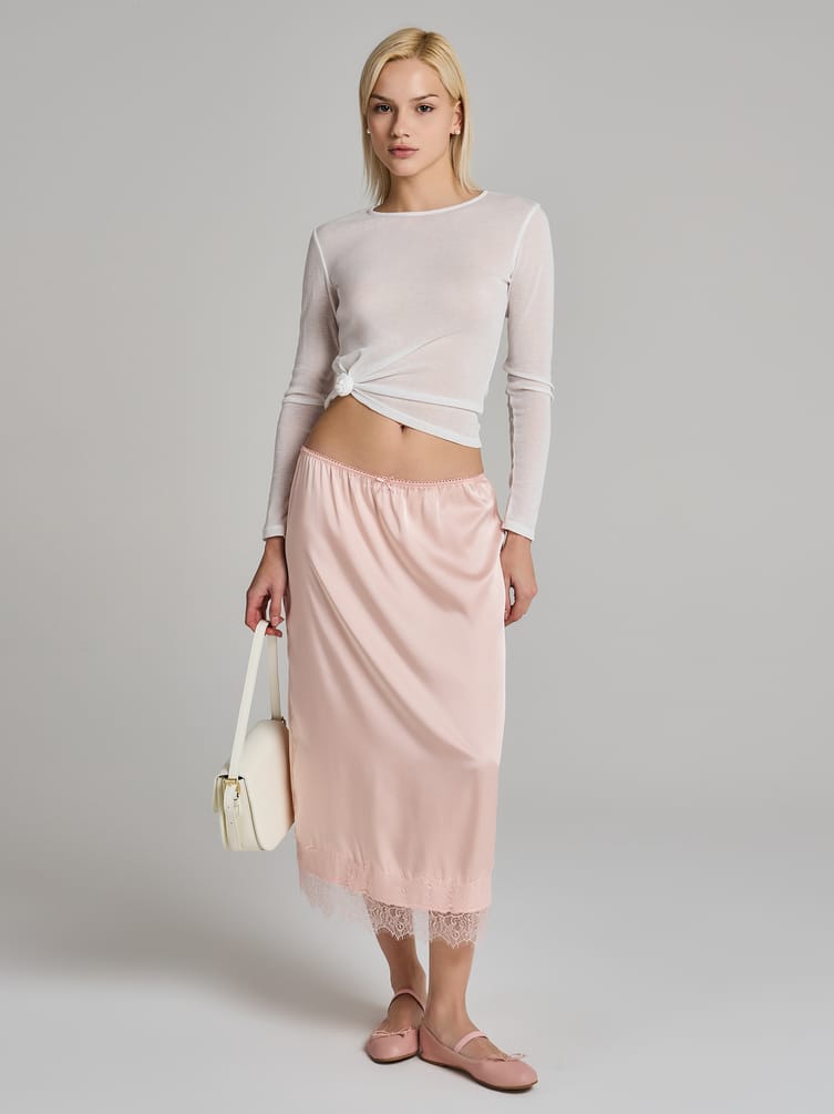 Юбка миди атласная с кружевом в бельевом стиле