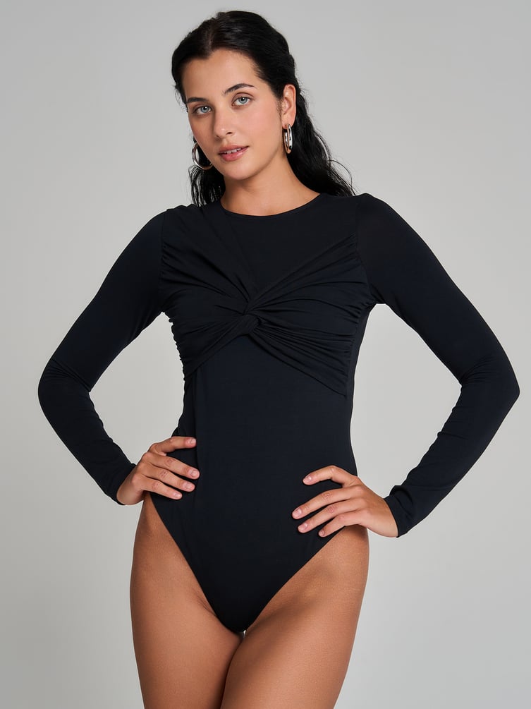 Облегающее боди-блузка с драпировкой и длинным рукавом