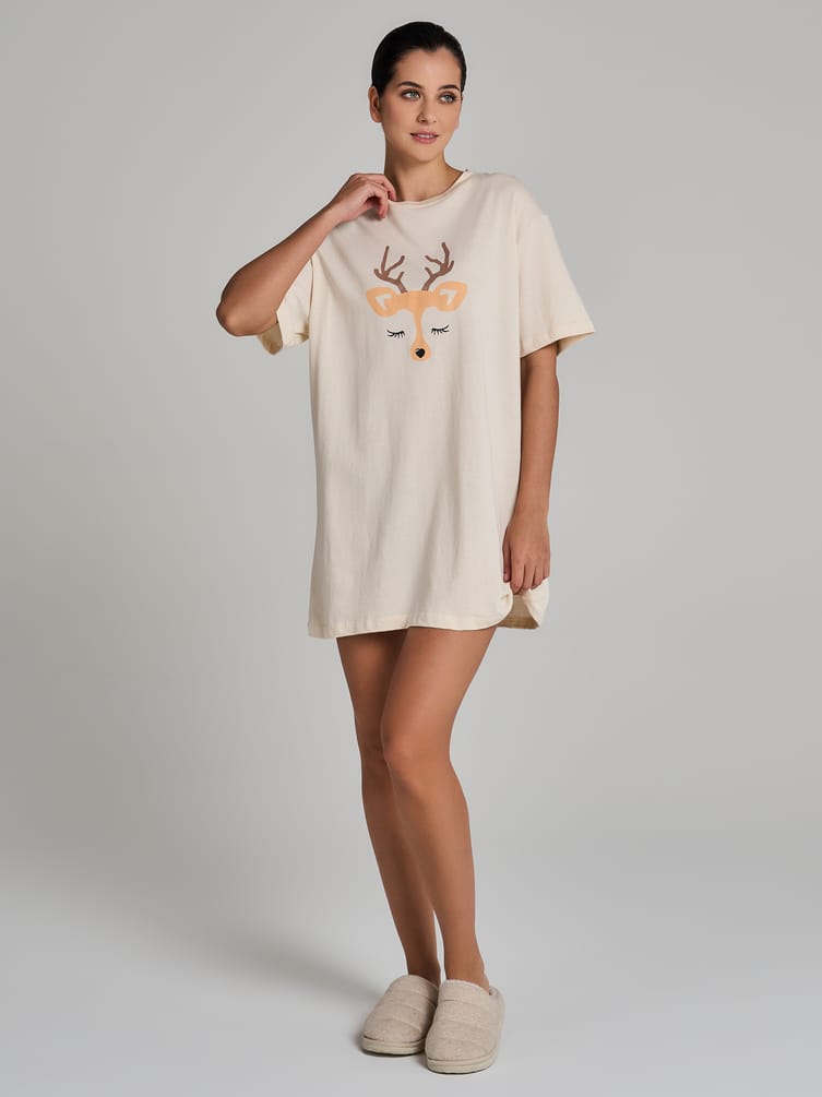Хлопковая ночная сорочка с принтом оленя