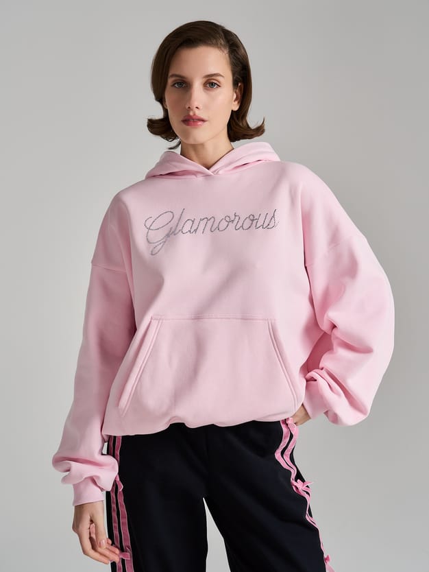 Теплое худи с надписью стразами и начесом