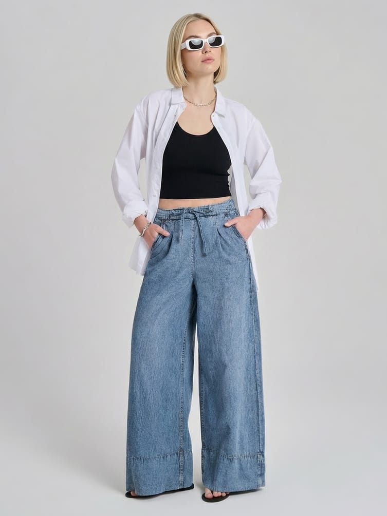 Джинсы широкие летние на резинке