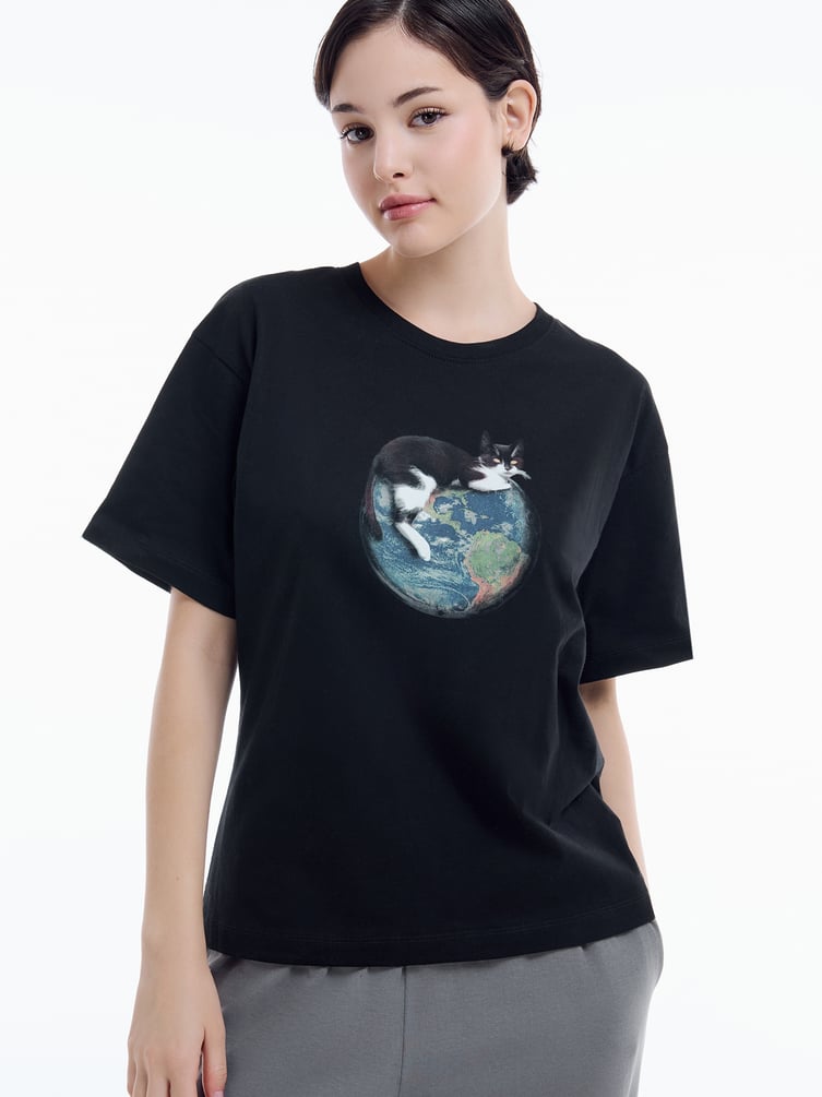 Хлопковая пижама с принтом котика и брюками