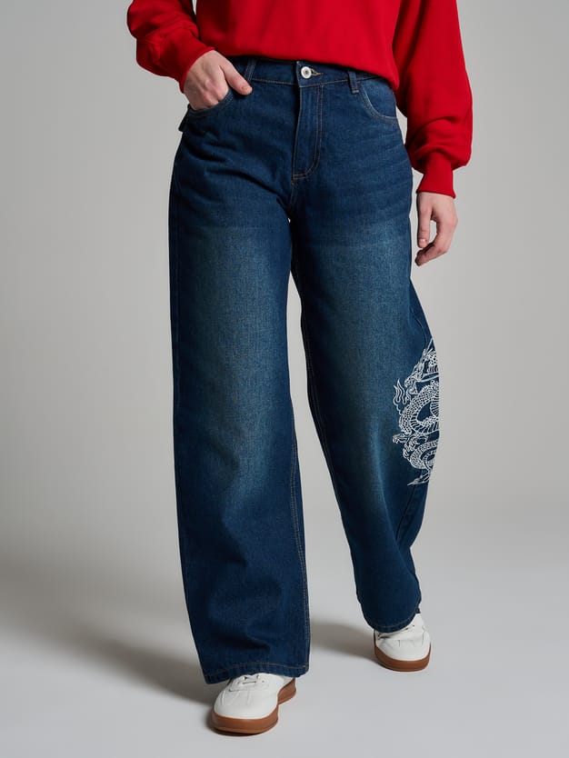 Джинсы багги с принтом дракона