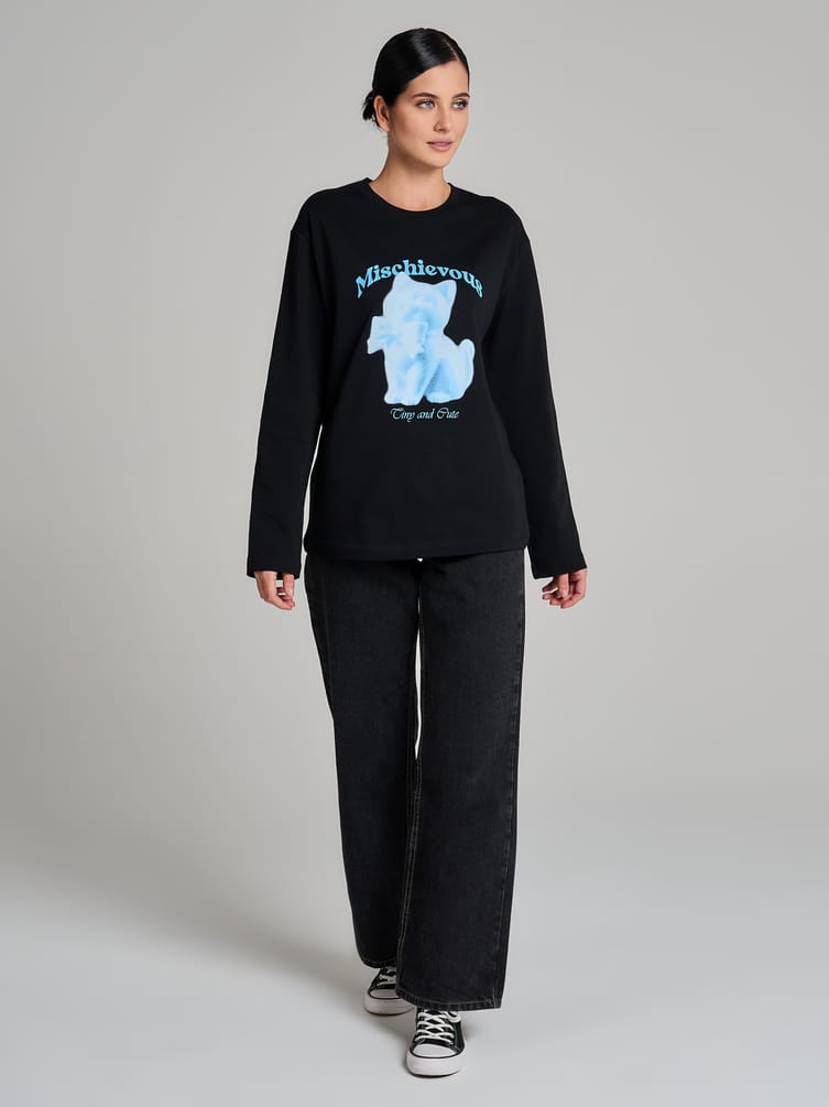 Лонгслив оверсайз с принтом кошки