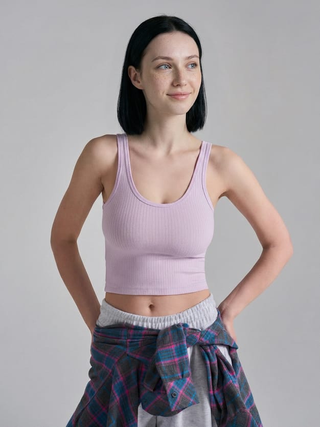 Короткая майка в рубчик на широких бретелях