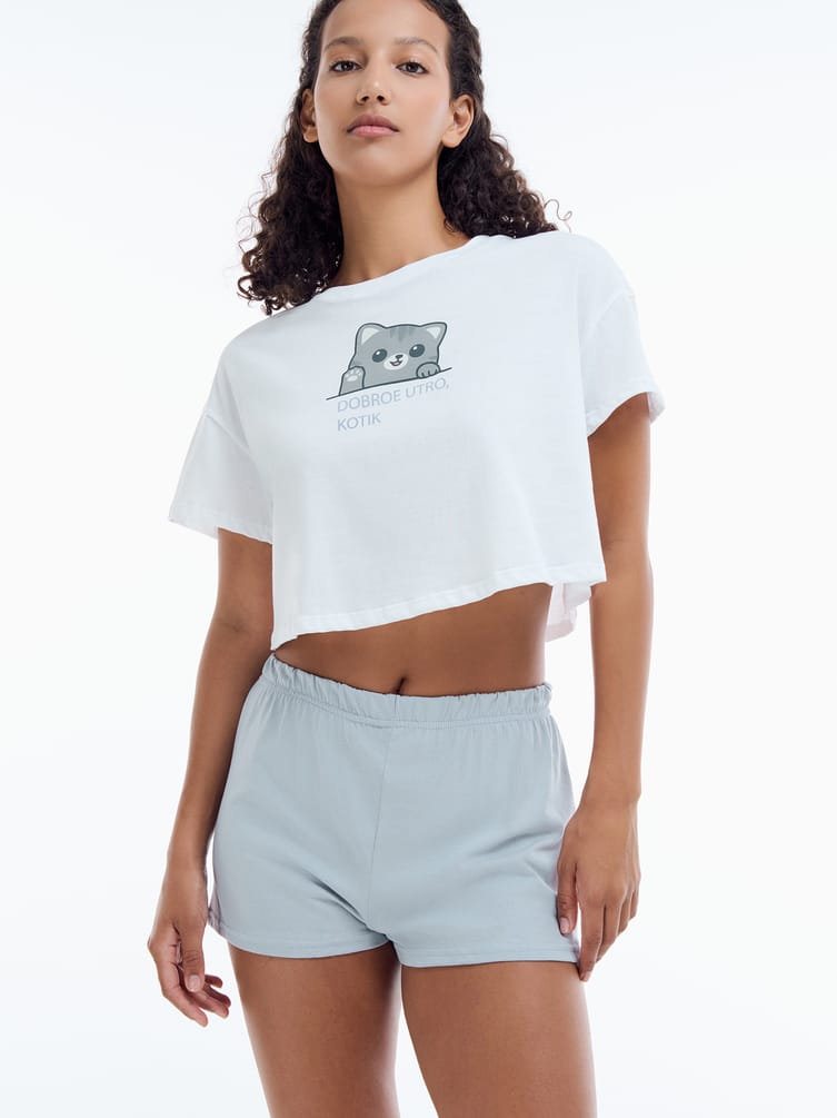 Хлопковая пижама с принтом котика