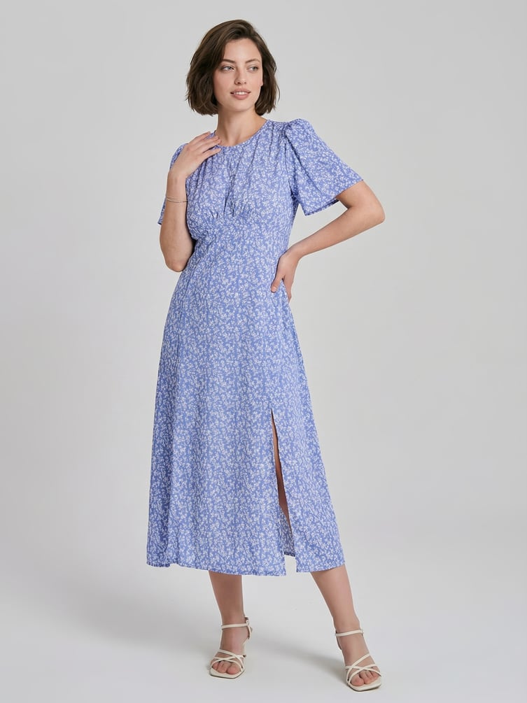 Миди платье крестьянка с разрезом по бедру