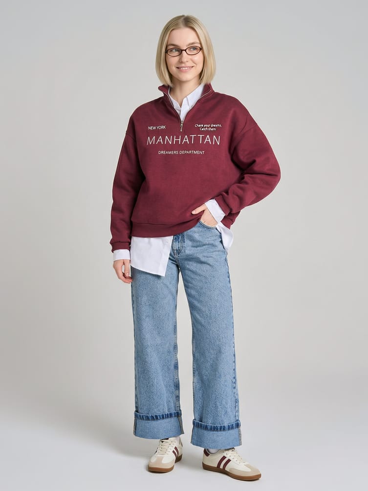 Джинсы широкие с подворотами