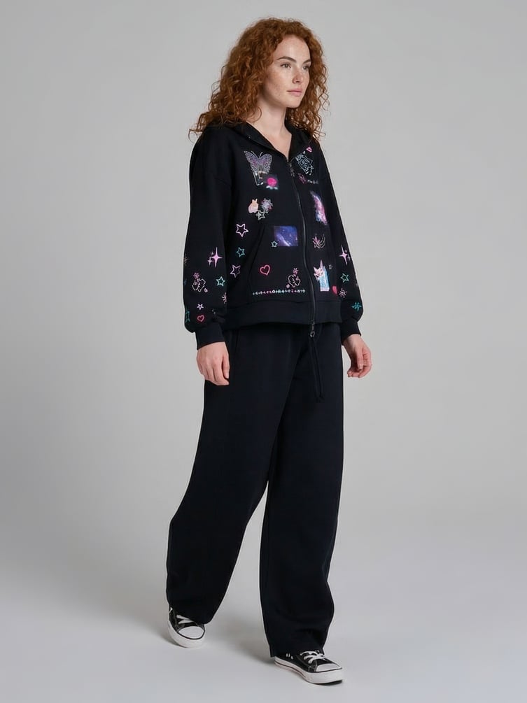 Зип худи с ушками на капюшоне и принтом