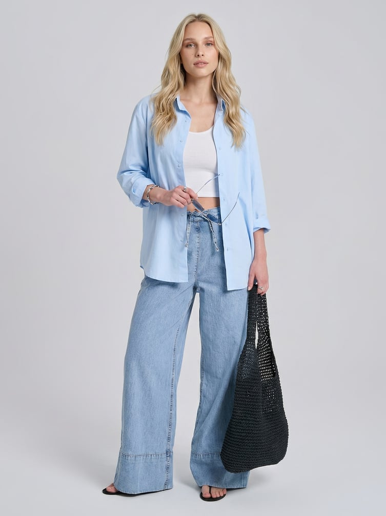 Джинсы широкие летние на резинке