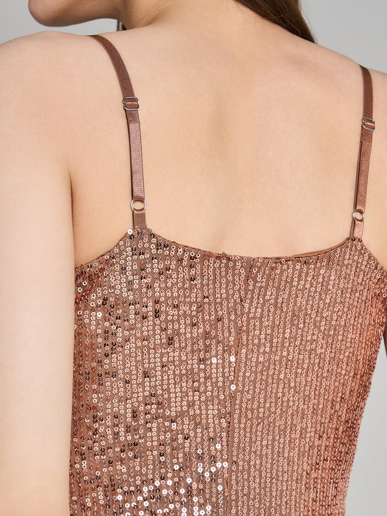 Платье вечернее с пайетками миди на бретелях с разрезом