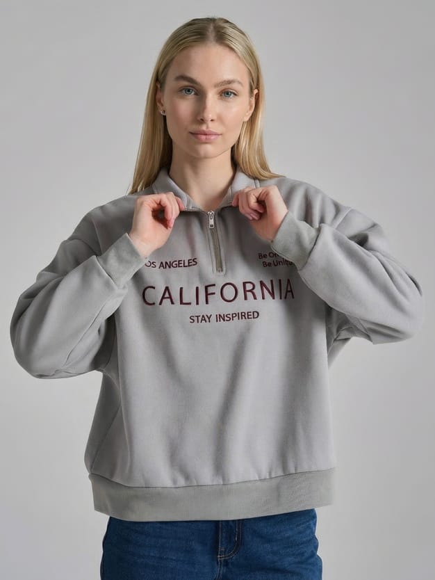 Толстовка теплая с полузамком с вышитой надписью