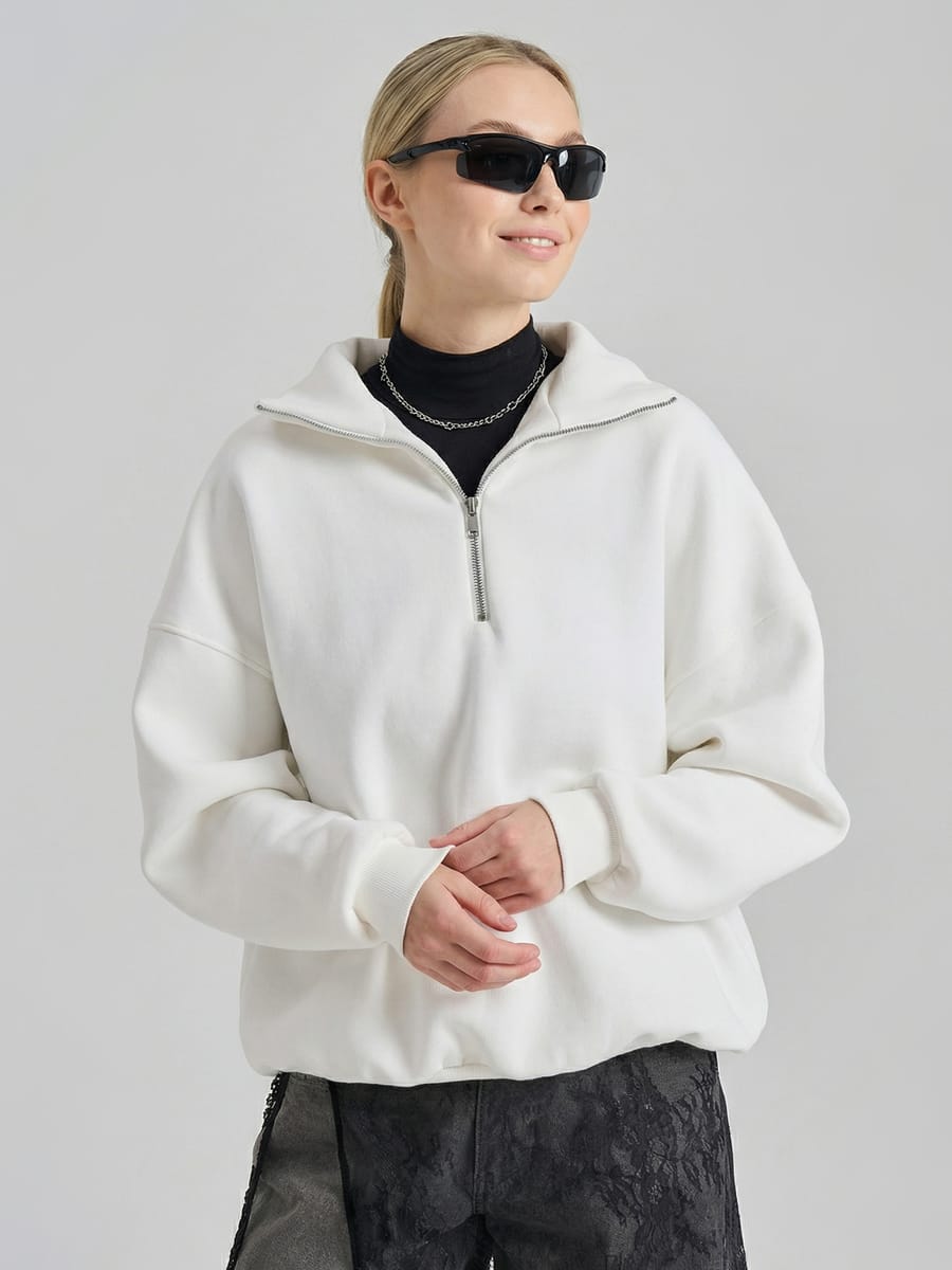 Теплая толстовка оверсайз с полузамком и начесом