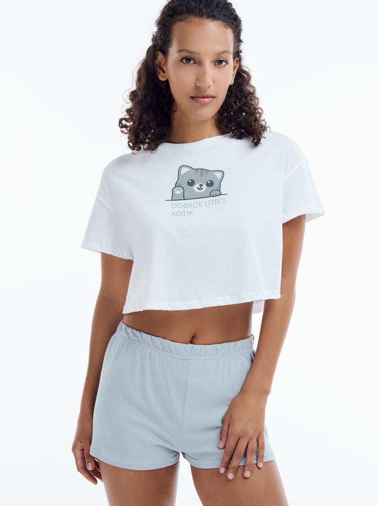 Хлопковая пижама с принтом котика