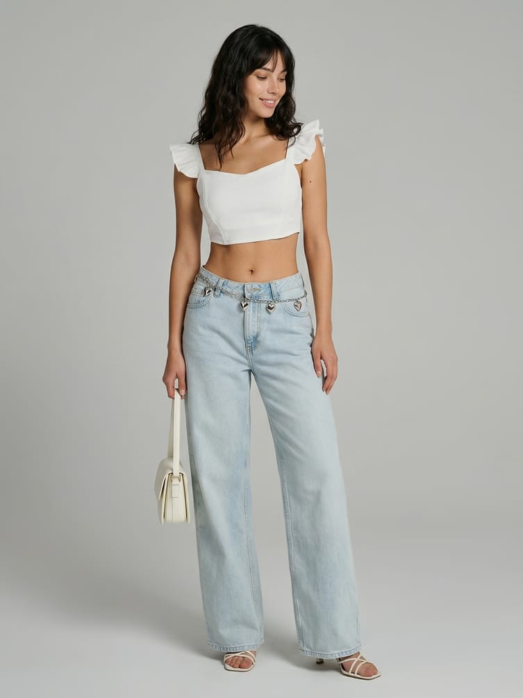 Короткий топ с оборками на лямках