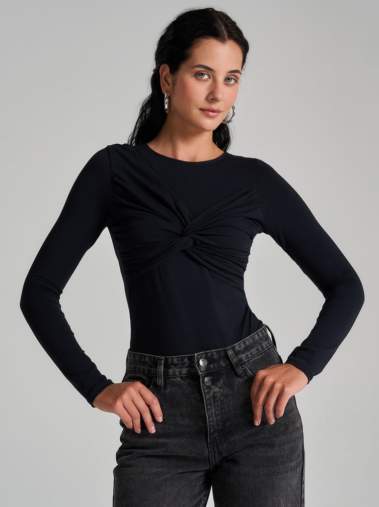 Облегающее боди-блузка с драпировкой и длинным рукавом