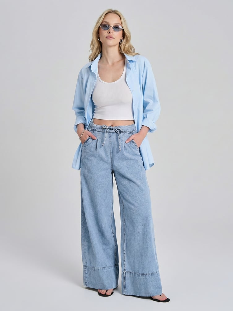 Джинсы широкие летние на резинке